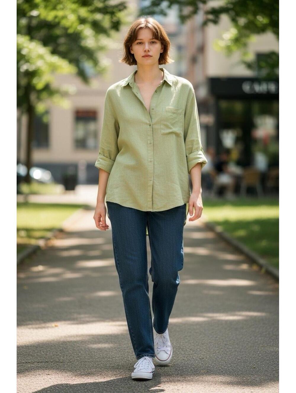 White Stag Linen Blend Button Down Blouse Lime Green Sz.L 12/14